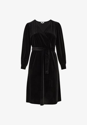 Must mustripp kleit, millel on pikad volangvarrukad, vööga talje ja V-kujuline kaelus. Pehme tekstuur ja põlvini ulatuv äär.