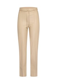 Beige high-waist trousers with a slim fit, front seam detailing, belt loops, and a tied string belt with gold tips.