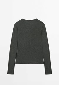 Dark gray long-sleeve top with a crew neck, made of a soft, textured fabric; features a cropped design and straight hem.