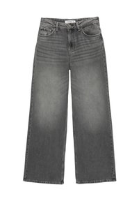 Jeans o szerokich nogawkach w wyblakłym szarym dżinsie, z wysokim stanem, pięcioma kieszeniami i widocznym przeszyciem wzdłuż szwów.