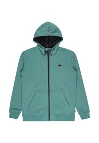 Mikina s kapucňou na zips v teal farbe s čiernym vnútrom, obsahujúca dve predné vrecká, šnúrku na stiahnutie a malé logo na hrudi.