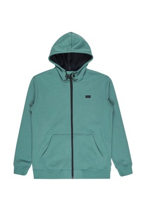 Kapuzensweatshirt mit Reißverschluss aus türkisem Stoff mit schwarzem Innenfutter, ausgestattet mit zwei Fronttaschen, einer Kordel und einem kleinen Logo auf der Brust.