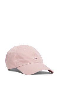 Gorra de béisbol de algodón rosa con visera curvada, que presenta un pequeño logo bordado en el lado izquierdo frontal. Tejido texturizado con detalles de costura.