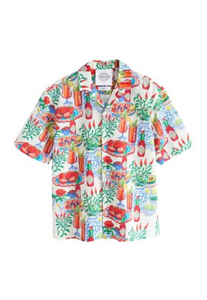 Short-sleeve button-up shirt with colorful print of Tabasco bottles, chili peppers, tomatoes, plants, and cocktail glasses on white background.