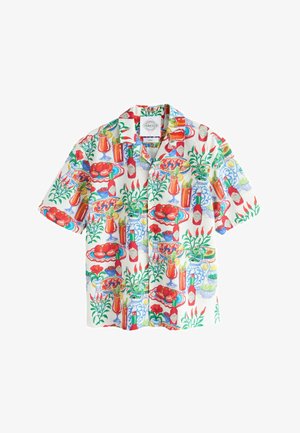 Short-sleeve button-up shirt with colorful print of Tabasco bottles, chili peppers, tomatoes, plants, and cocktail glasses on white background.