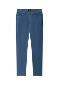 Niebieskie spodnie bawełniane o elastycznym kroju, slim fit, z dwiema kieszeniami z przodu, kieszonką na monety oraz jedną kieszenią z tyłu.