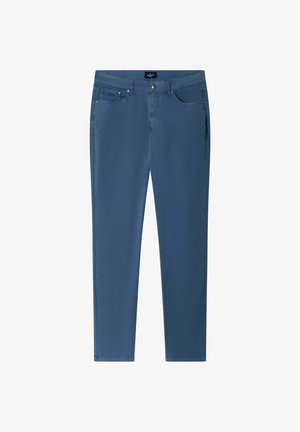 Modré elastické bavlnené nohavice s úzkym strihom, ktoré majú dve predné vrecká, vrecko na mince a jedno zadné vrecko.