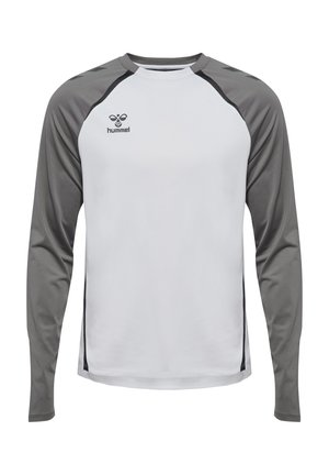 Maglietta sportiva a maniche lunghe di colore bianco con maniche raglan grigie. Presenta un collo tondo, il logo Hummel sul petto e accenti laterali a contrasto.