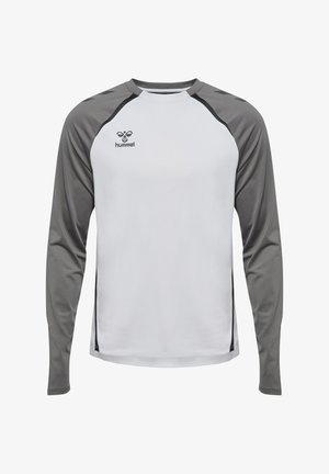 Langärmliges Sportshirt in Weiß mit grauen Raglanärmeln. Verfügt über einen Rundhalsausschnitt, ein Hummel-Logo auf der Brust und kontrastierende Seitenelemente.