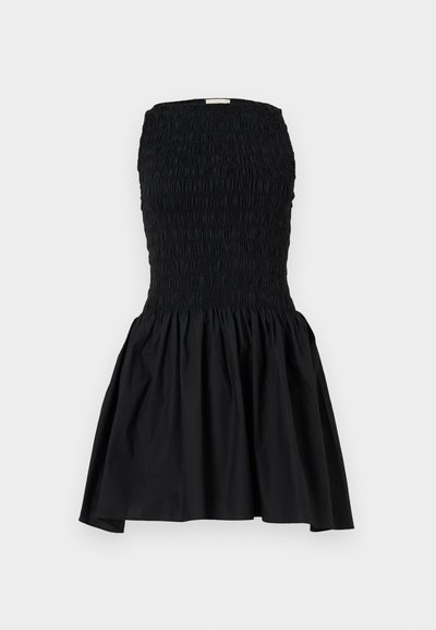Black dress featuring a smocked bodice, strapless design, and a flared skirt. Smooth texture with no visible patterns or hardware accents.