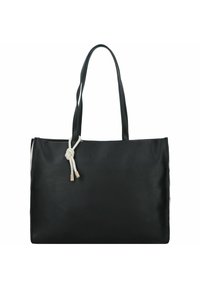 Borsa tote in pelle nera con due manici lunghi, caratterizzata da un accento in corda bianca annodata e da un design minimalista. Texture liscia e spaziosa.