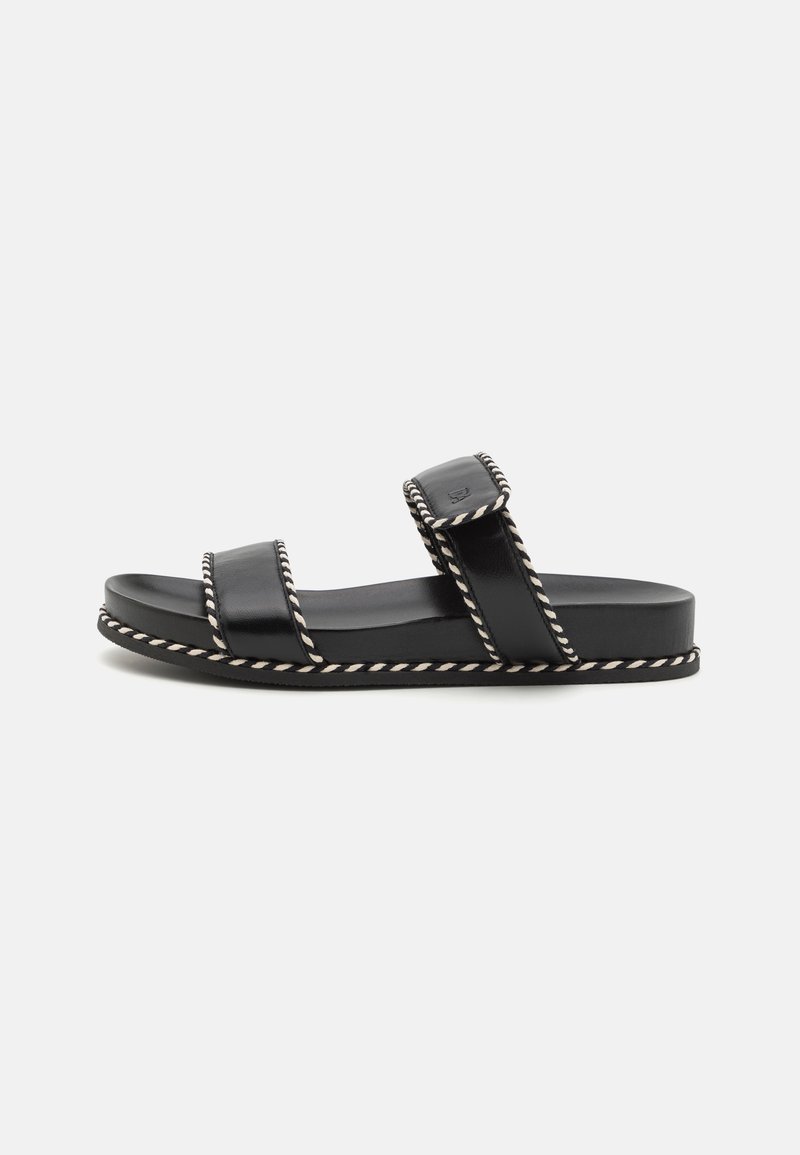 Black leather slide sandals featuring two wide straps, white rope stitching along the edges, and a flat sole. Simple, minimalist design.