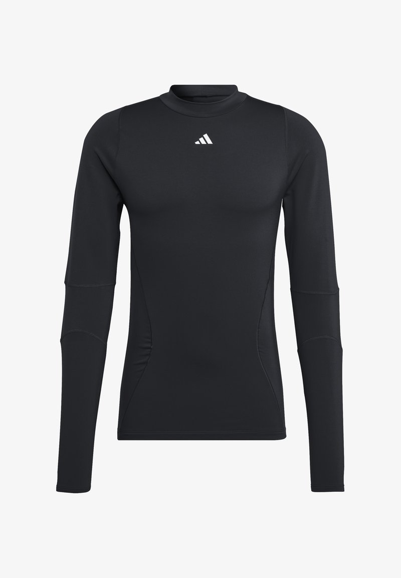 Black long-sleeve athletic shirt, made of smooth, stretchy fabric. Features a crew neckline and a small white logo on the chest.