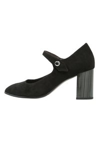 Czarne zamszowe buty Mary Jane z okrągłym noskiem, regulowanym paskiem i grubym, paskowanym obcasem. Gładka tekstura i elegancki design.