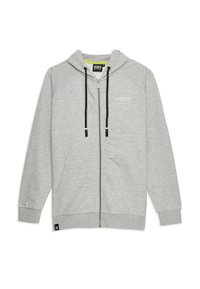 Sweatshirt à fermeture éclair gris avec une capuche, des cordons noirs, des poches avant et un texte imprimé sur le côté gauche de la poitrine. Texture de tissu lisse.