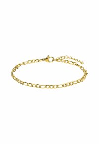 Gouden kettingarmband met in elkaar grijpende ovale schakels, voorzien van een karabijnslot en een verstelbare verlengkettink voor maatvariatie.