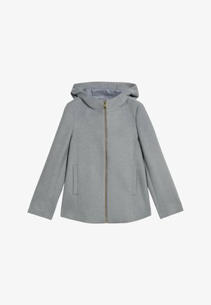 Grijze gewatteerde jas met een centrale rits en gouden hardware. Voorzien van zijzakken en een gladde binnenvoering. Textuur van de stofafwerking.