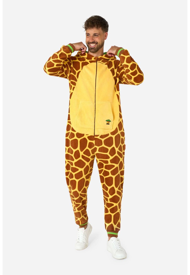 Tuta con motivo a giraffa marrone e giallo, con zip frontale, tasca a canguro e dettagli verdi sui polsini e sul cappuccio. Tessuto morbido.