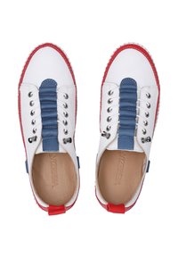 White sneakers with blue rubber accents, red detailing, and a textured blue lace panel. Features silver eyelets and stitched edges.