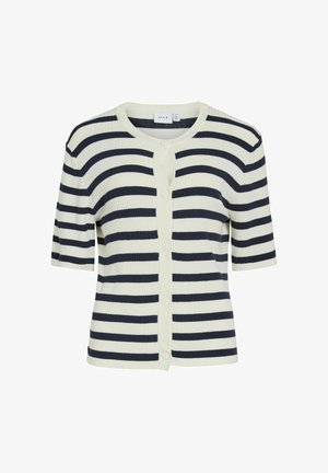 Trumpomis rankovėmis, juntiniu megztuku megztinis su baltomis ir tamsiai mėlynomis horizontaliosiomis juostomis, apvaliu kaklu ir užsegamu priekyje mygtukais.