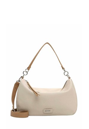Beige strukturierte Lederhandtasche mit zwei hellbraunen Trägern, silbernen Ringbefestigungen und Reißverschluss vor weißem Hintergrund.