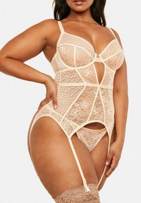 Nackter Spitzen-Bodysuit mit Unterwäsche-Tassen, geometrischen Ausschnitten und verstellbaren Trägern. Mit Strumpfhaltern und floralem Spitzenmuster.