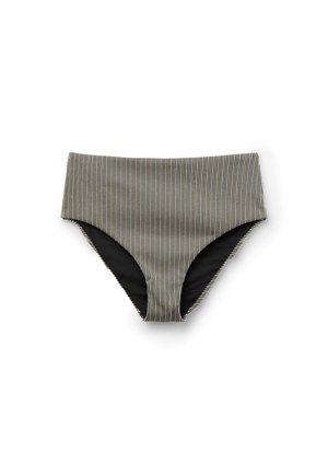 Bas de bikini taille haute rayé avec des rayures verticales noires et dorées, texture lisse et doublure intérieure noire, avec une large ceinture.