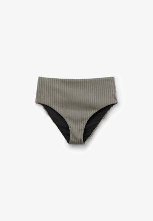 Randiga bikinitrosor med hög midja i svart och guld, vertikala ränder, slät textur och svart innerfoder, med en bred midjeresår.