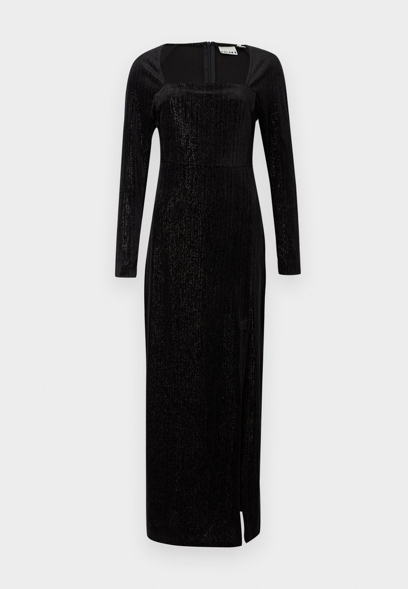 Schwarzes langärmliges Kleid mit quadratischem Ausschnitt, strukturiertem Stoff und seitlichem Schlitz. Es hat eine figurbetonte Taille und einen subtilen Schimmereffekt.