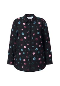 Svart skjorta med knappar som har färgglada ädelstensmönster i rosa, teal och blått. Långa ärmar med klassisk krage och något rundad nederkant.