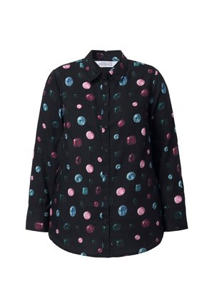 Černá košile na knoflíky s barevnými vzory drahokamů v růžové, tyrkysové a modré. Dlouhé rukávy s klasickým límcem a mírně zaobleným lemem.