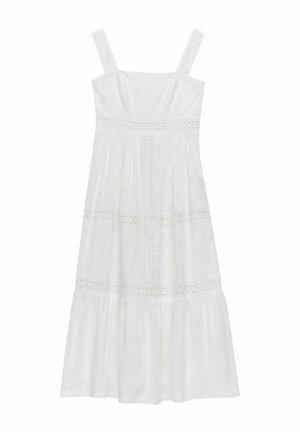 Witte jurk met een vierkante halslijn, dikke bandjes en geborduurde bloemenpatronen. Heeft een gelaagde rok en kantdetails.