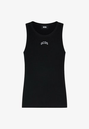 Canotta nera senza maniche a coste con logo "GCDS" bianco stampato sul petto e etichetta all'interno della scollatura.