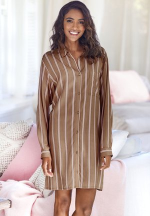 Brown button-up shirt dress with white stripes, featuring long sleeves, a collar, and a chest pocket, made from a smooth, lightweight fabric.