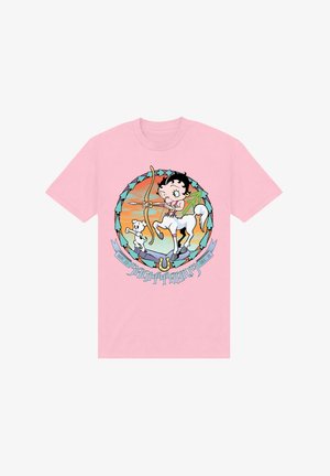 Lyserød t-shirt med et tegneserie-design af en pige med sort hår, der rider på en hvid hest, mens hun holder en bue og pil, ved siden af en lille isbjørn.