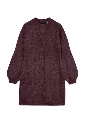 Lila gebreide cardigan met een V-hals, lange ballonmouwen en zeven knopen aan de voorkant. Ribbelstructuur over het hele kledingstuk.