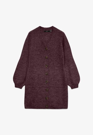 Mauve Strickjacke mit V-Ausschnitt, langen Ballonärmeln und sieben Knöpfen auf der Vorderseite. Das gesamte Kleidungsstück hat eine gerippte Textur.