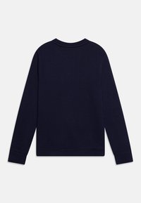 Felpa a maniche lunghe blu navy con collo a giro, polsini e orlo a coste. Texture liscia senza motivi o dettagli visibili.