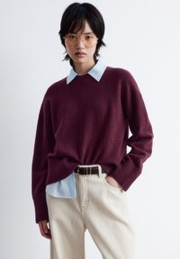 Burgunderfarbener Strickpullover mit Rundhalsausschnitt über einem hellblauen Hemd mit Kragen, kombiniert mit beigen weit geschnittenen Hosen und einem braunen Gürtel.