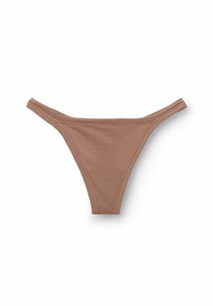 Brown cotton thong with minimal coverage, featuring a smooth texture, thin waistband, and clean stitching around the edges.