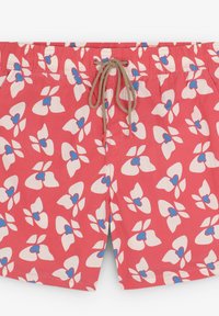 Bright pink swim shorts featuring a floral pattern in white and blue. Elastic waistband with a drawstring for adjustable fit.