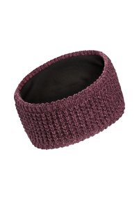 Maroon knitted headband with a textured exterior and a smooth black interior. Circular shape, mid-width design, suitable for cold weather.