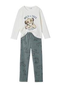 White long-sleeve shirt with "WILD & FREE" text and a Simba graphic. Gray pants feature a repeating Simba pattern. Soft cotton fabric.