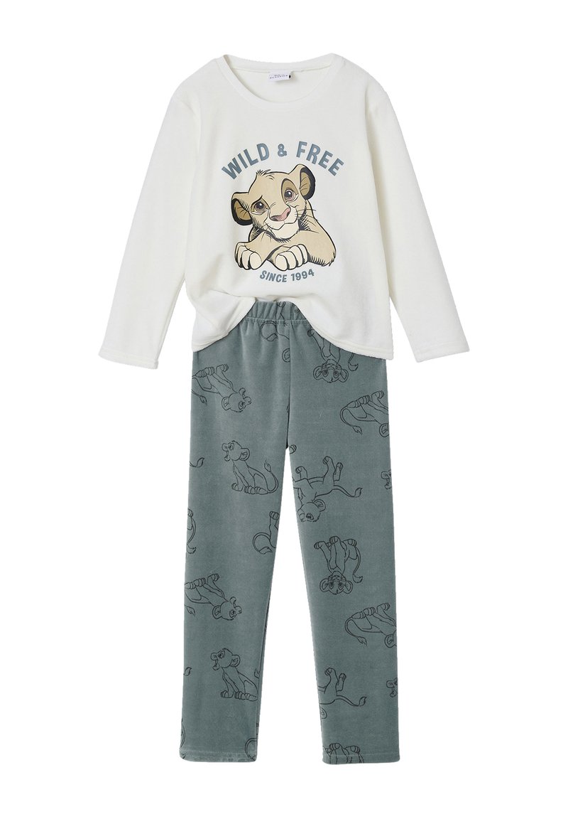 White long-sleeve shirt with "WILD & FREE" text and a Simba graphic. Gray pants feature a repeating Simba pattern. Soft cotton fabric.