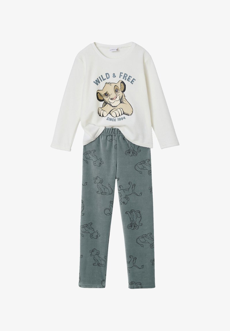 White long-sleeve shirt with "WILD & FREE" text and a Simba graphic. Gray pants feature a repeating Simba pattern. Soft cotton fabric.