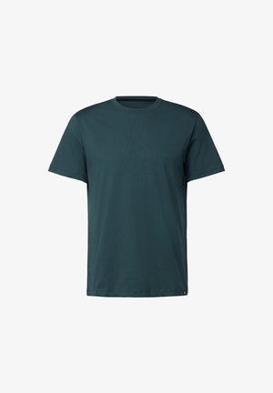 Einfaches dunkelgrünes T-Shirt mit kurzen Ärmeln und rundem Hals auf weißem Hintergrund, von vorne gezeigt ohne sichtbare Logos oder Muster.