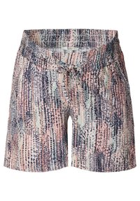 Pantaloni shorts da donna multicolori con un mix di motivi astratti rosa, blu e neri, dotati di una vita elasticizzata e di un cordoncino.