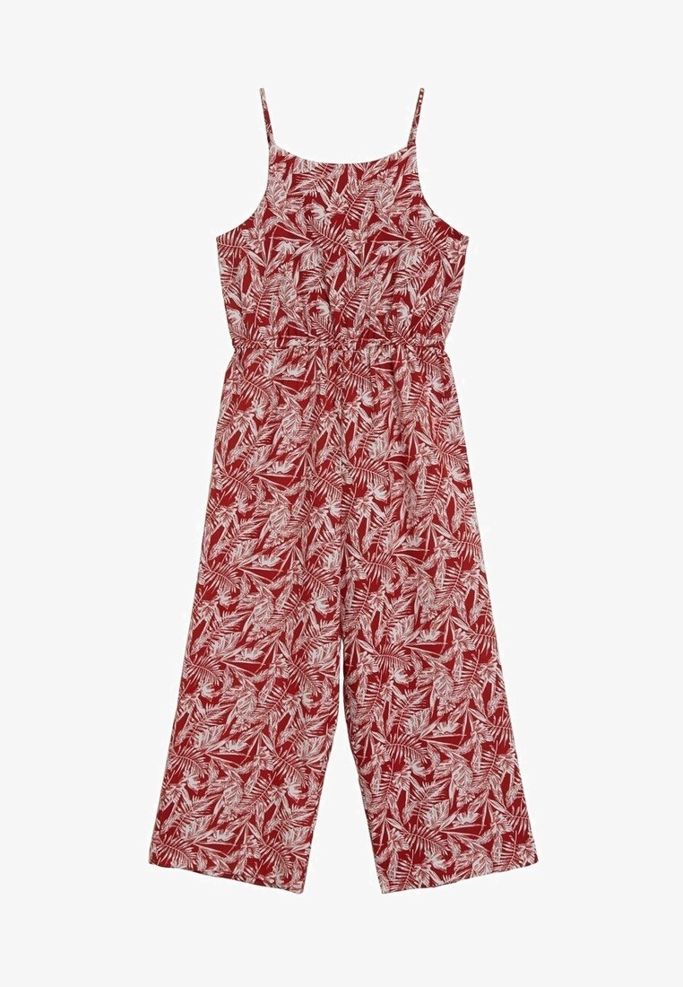Combinaison rouge sans manches avec motif de feuilles tropicales blanches, taille cintrée et pantalon à jambes larges.