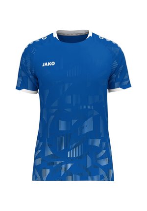 Niebieska sportowa koszulka z krótkim rękawem, białym kołnierzykiem i wykończeniem rękawów, geometrycznym wzorem oraz logo "JAKO" na prawym biuście.