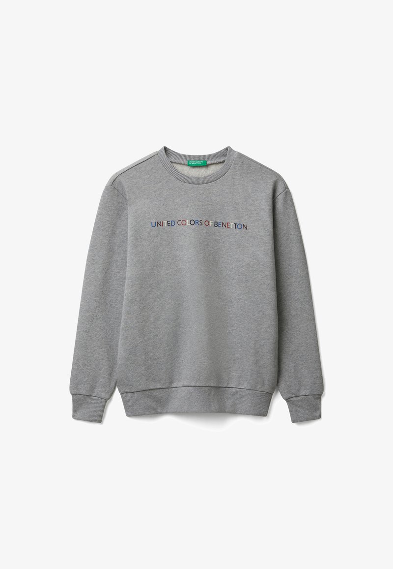 Felpa grigia con polsini e orlo a costine. Presenta la scritta ricamata "UNITED COLORS OF BENETTON" in lettere multicolori sulla parte anteriore.